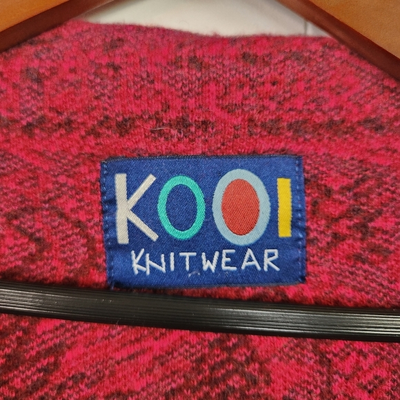 KOOI Knit Long Cardigan Sweater Red Draped Collar Lambswool Pockets Size Medium - Picture 9 of 13